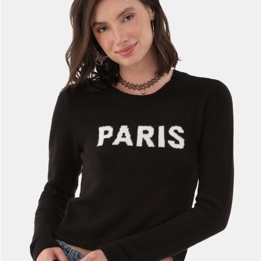 No Boundaries Black Crew Neck Sweater with White 'Paris' (NWOT)
